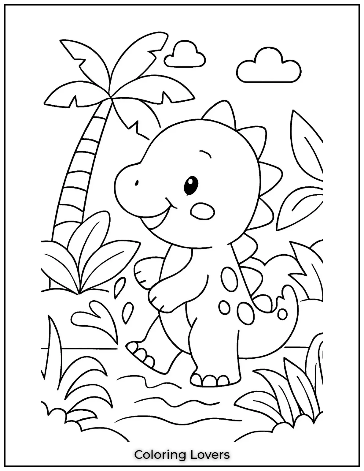 A small baby dinosaur explores a bright jungle. Kids can use coloring sheets or easy coloring pages for fun creativity