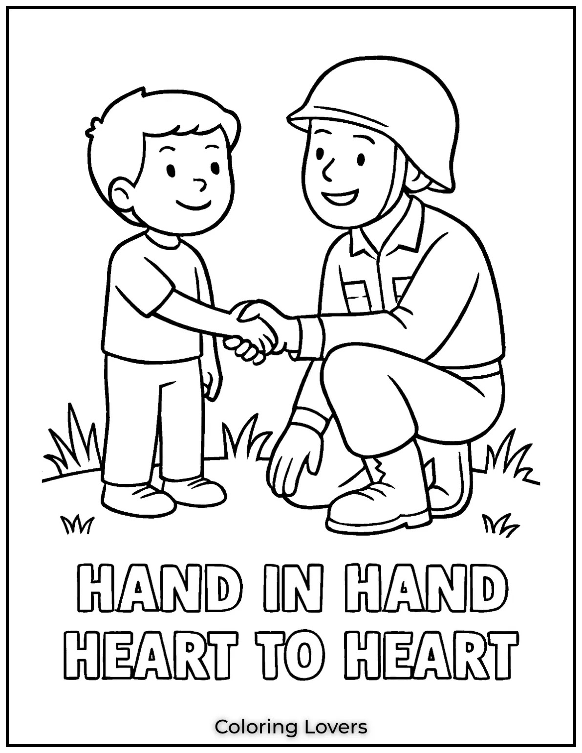 A small kid reaches out to shake hands with a soldier. Below them it says Hand in Hand Heart to Heart