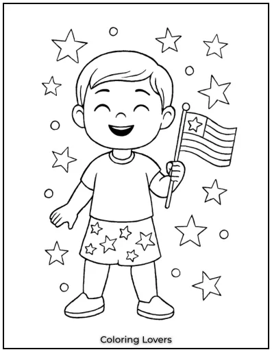 A smiling boy proudly holds the American flag in his hand