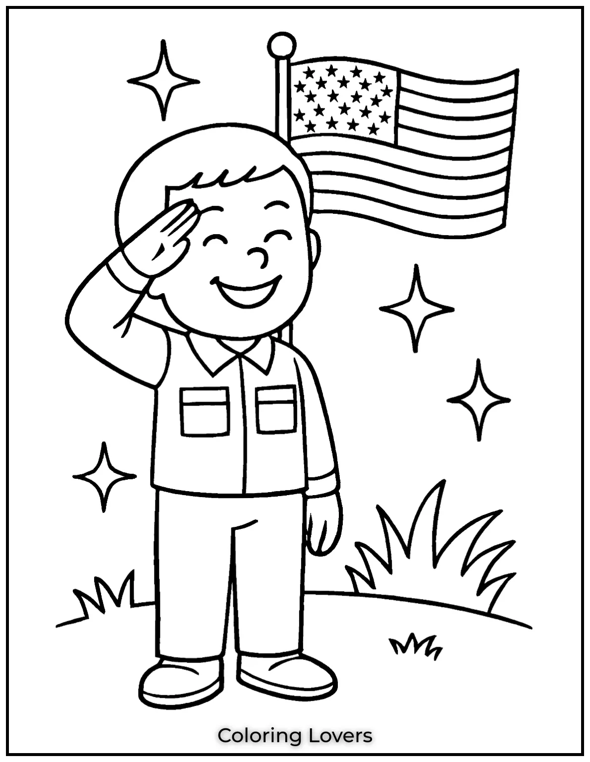 A smiling kid gives a proud salute in front of the flag. His uniform and sparkle show his love for the country