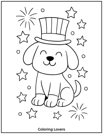 A smiling puppy in a top hat sits with fireworks and stars.