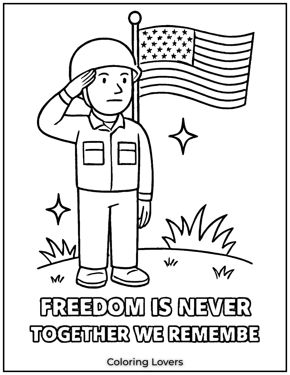 A soldier salutes beneath the waving flag. His strong stance supports the words FREEDOM IS NEVER FREE