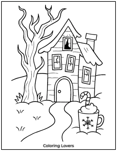 A spooky old house stands beneath a twisted tree. Its eerie windows and crooked roof add to the mystery.