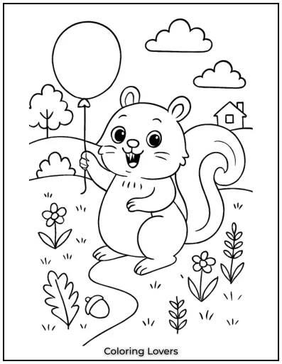 Squirrel Coloring Pages Kids Will Love to Color! 8 A squirrel with a balloon, just waiting to float away.