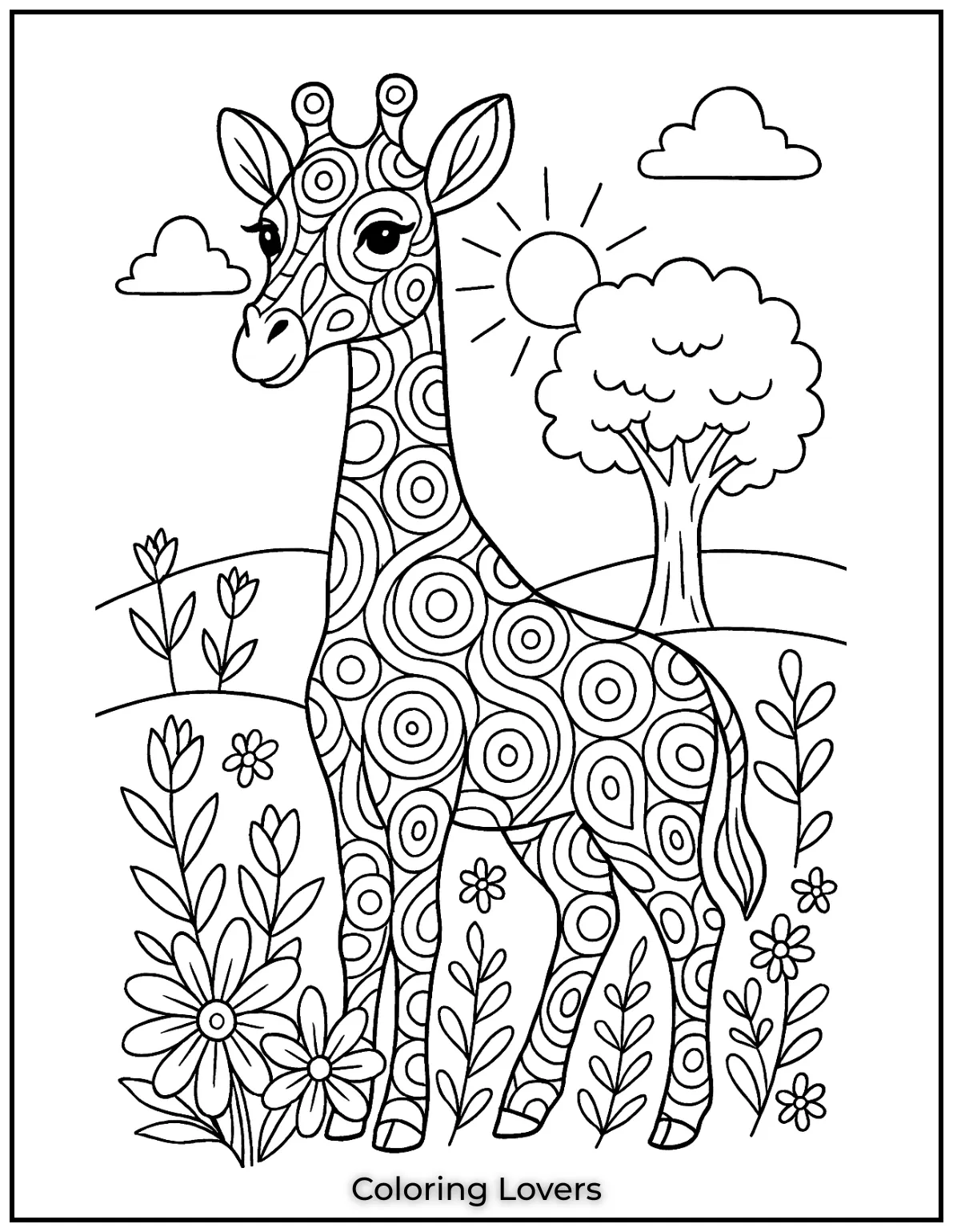 A striking giraffe design with flowing circles and patterns.