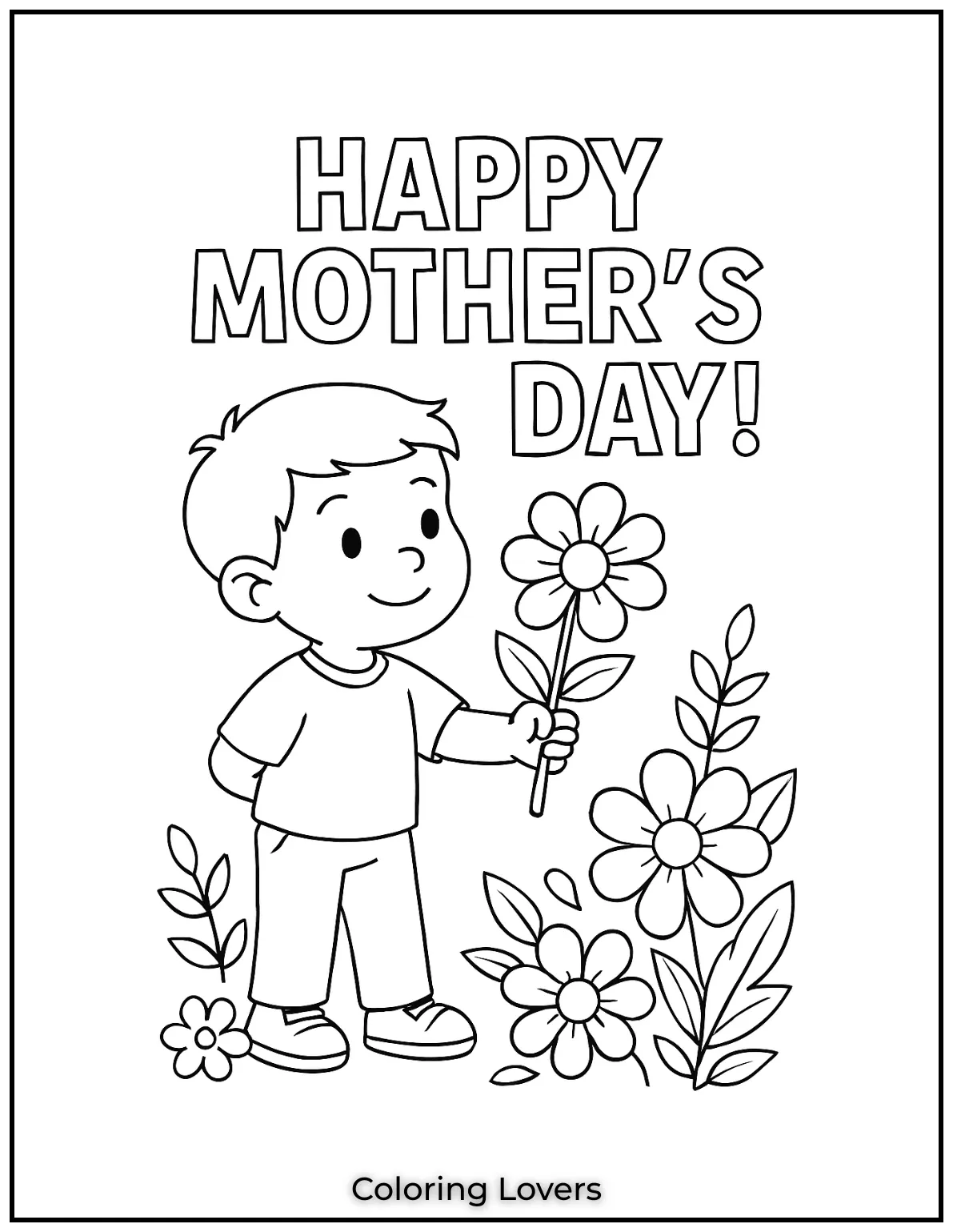 Mother’s Day Coloring Pages Kids Love Coloring 22 A sweet boy offers a flower with care ready to surprise his mom. The scene blooms with Happy Mothers Day