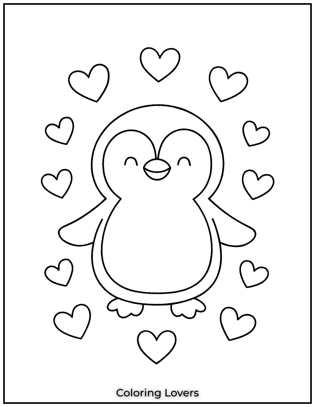 A sweet penguin stands in a circle of floating hearts. Young children can use soft pinks and reds to color this simple scene