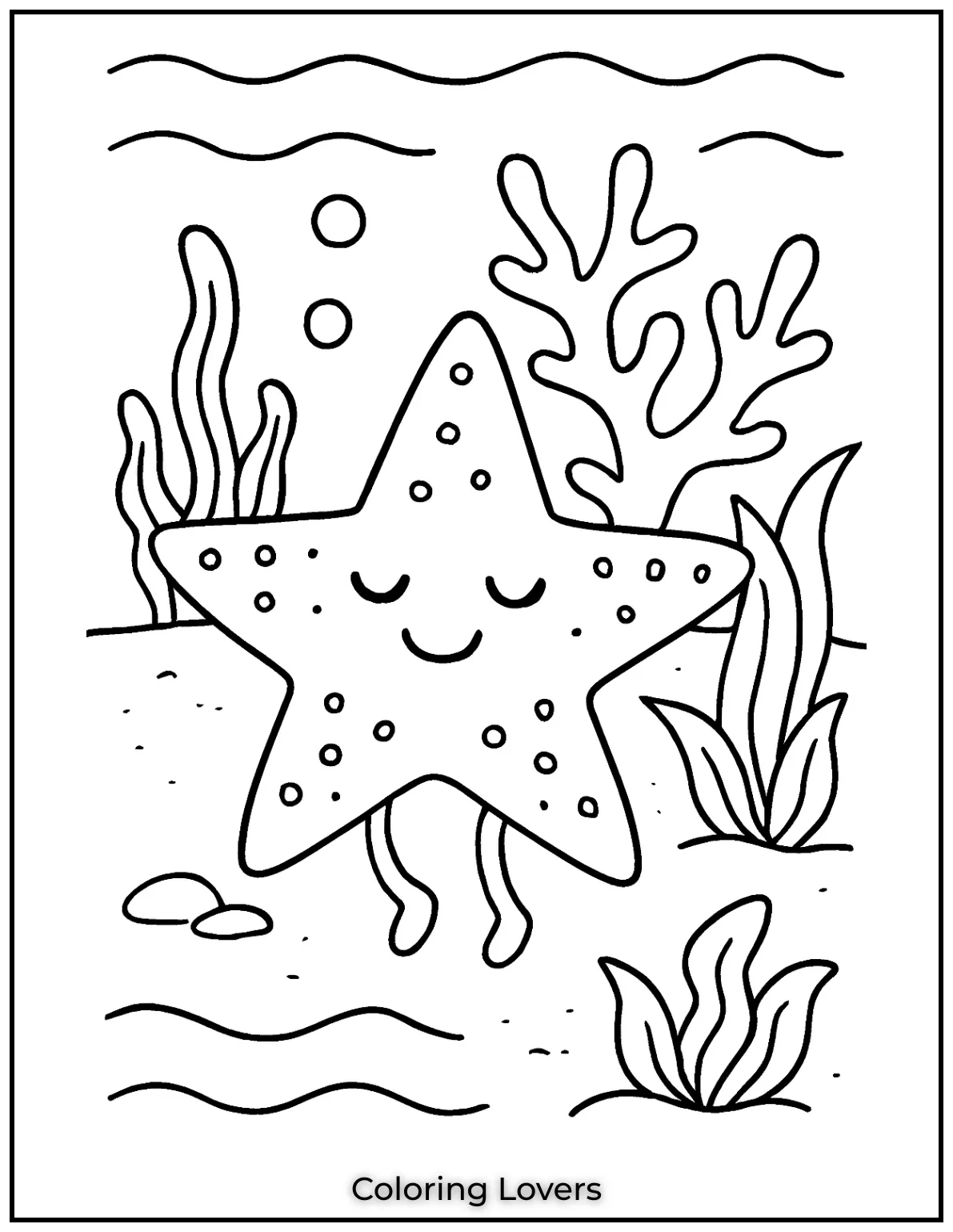 Summer Coloring Pages for Kids and Adults 19 A sweet starfish relaxing on the ocean floor with sea plants