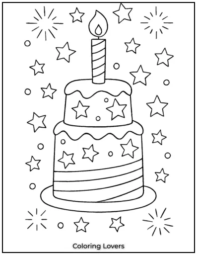 A tall birthday cake sparkles with stars and a candle lit for America’s big day.