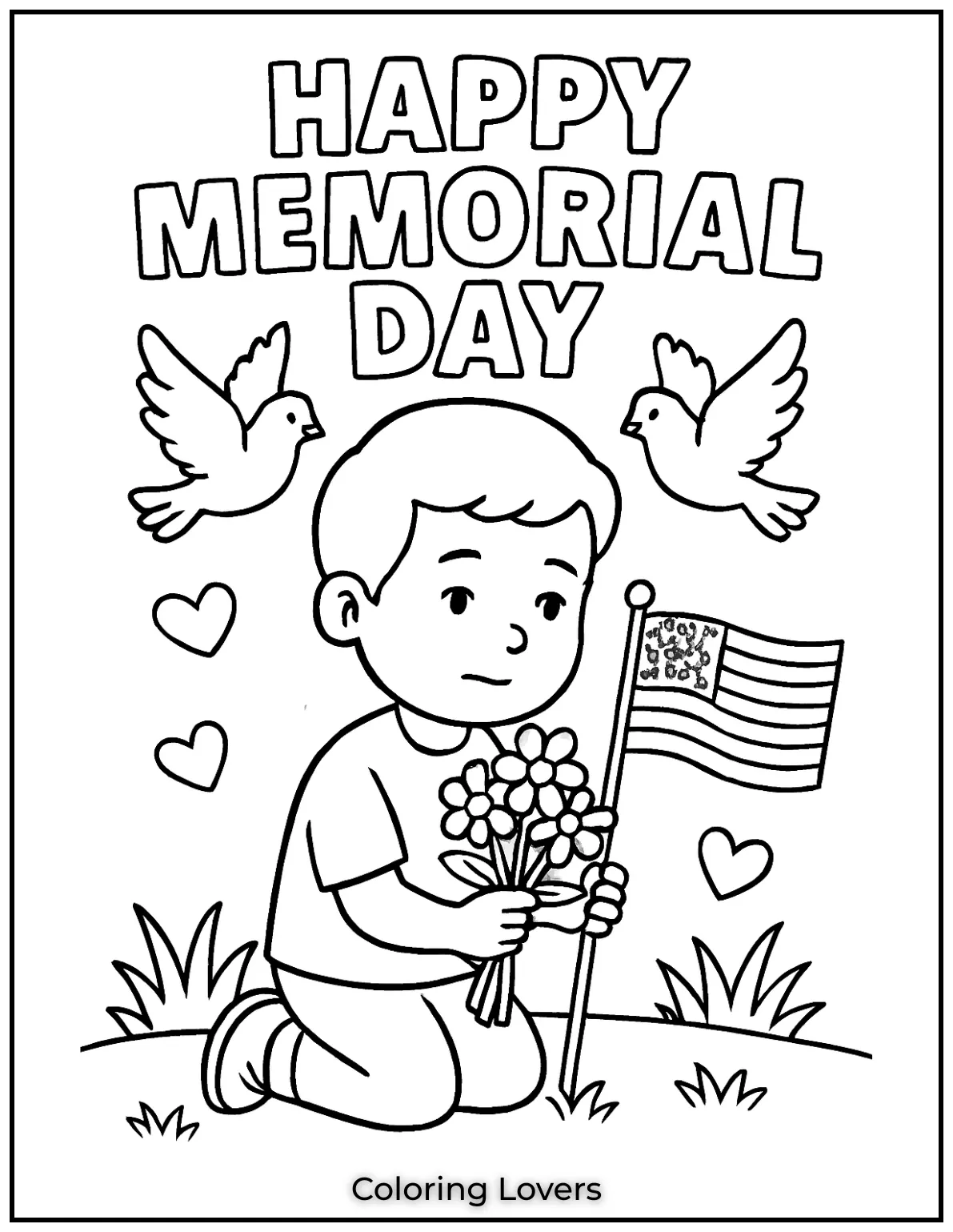 A thoughtful kid holds flowers and an American flag. Behind him are doves and the message Happy Memorial Day