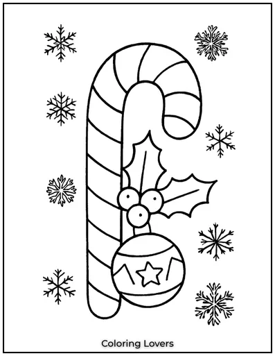 A traditional candy cane decorated with holly leaves and berries.