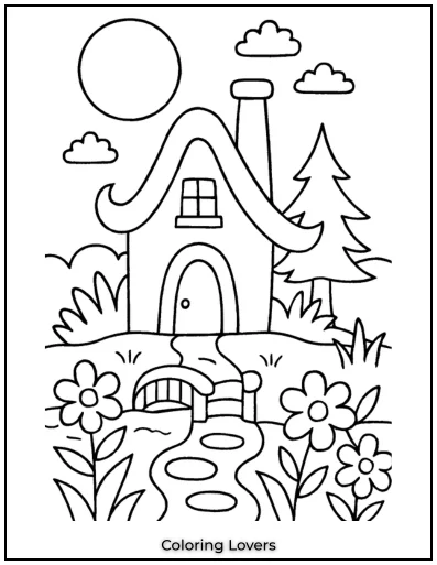 A whimsical house glows under the full moon. A small bridge crosses the pond, leading to its enchanting entrance.