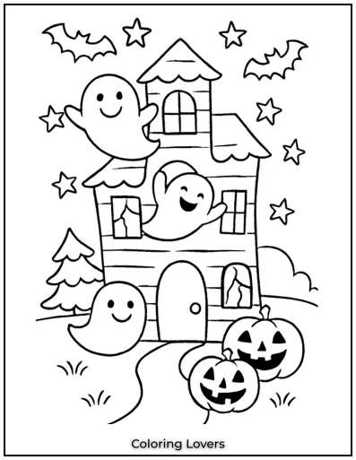 A wobbly haunted house is filled with happy ghosts. Bats and stars complete the playful Halloween scene.
