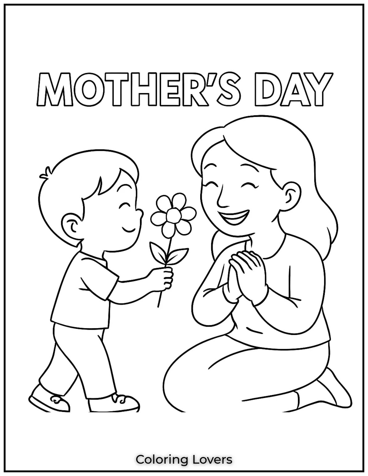 Mother’s Day Coloring Pages Kids Love Coloring 3 A young boy gives his mom a flower capturing the joy of a simple loving gift. This sweet moment says it all with Happy Mothers Day
