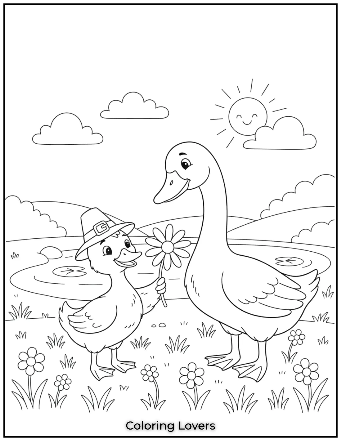 Duck Coloring Pages That Kids Like the Most 32 A young duck and a gentle goose share a sweet moment by the daisy