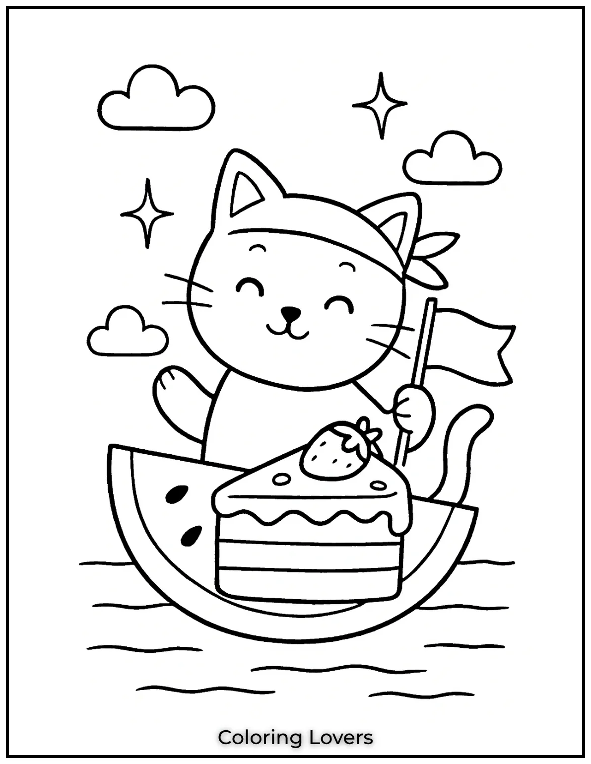 Fun and Free Cat Coloring Pages for Kids and Adults 29 Adventurous kitty in a watermelon boat. One of the best free cat coloring pages for endless fun