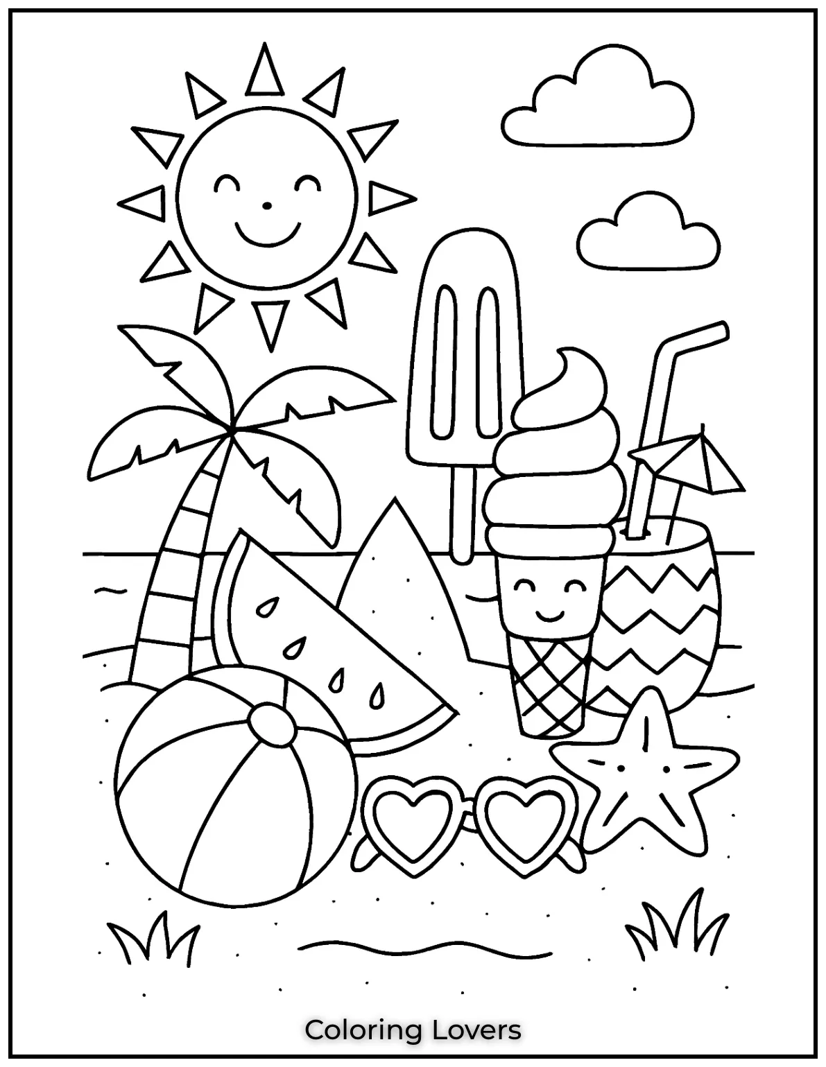 Summer Coloring Pages for Kids and Adults 7 All your favorite summer icons gathered in one fun scene