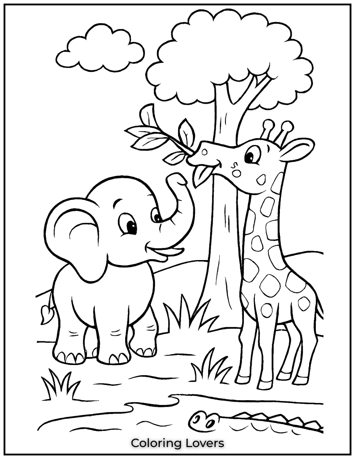 An elephant and giraffe share a meal from a tree. 