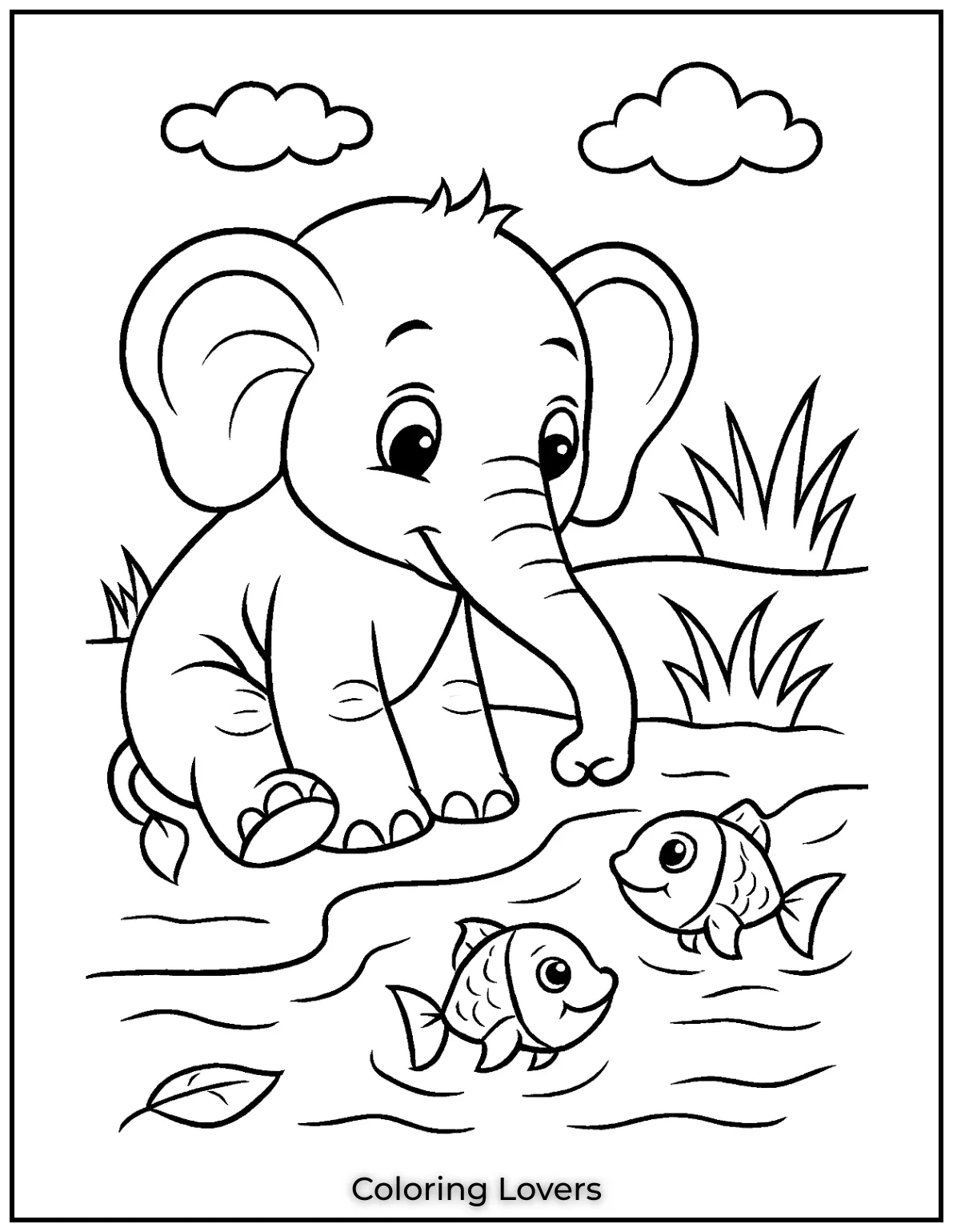An elephant curiously looks at fish swimming in the water—a simple, serene coloring page.
