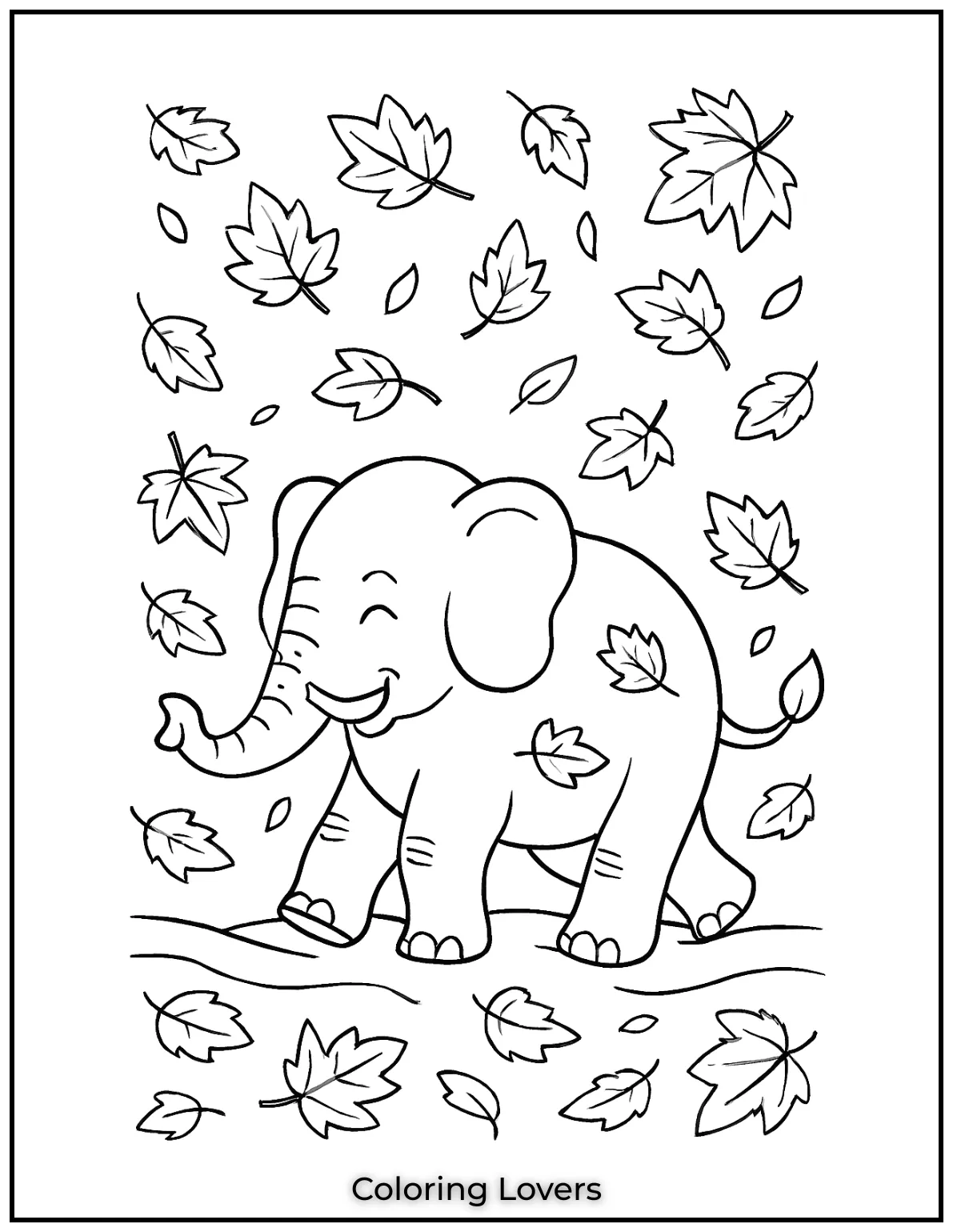 An elephant walking among falling leaves, a perfect scene for fall coloring fun!