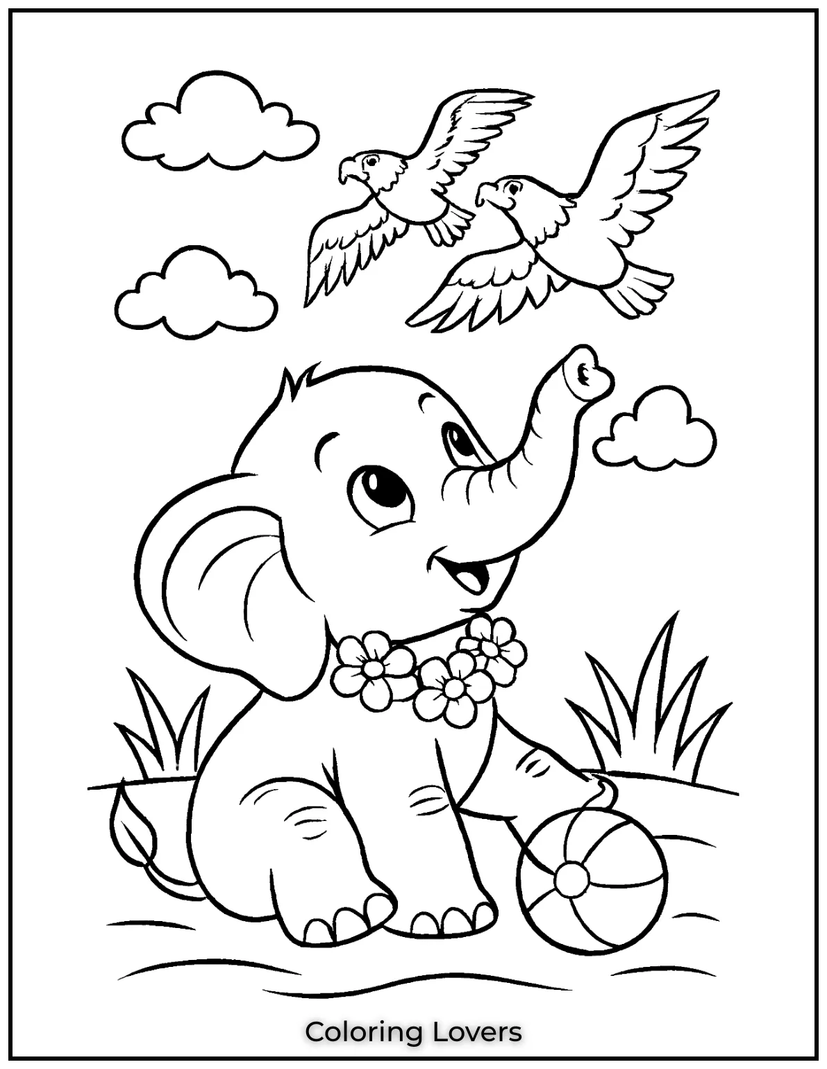 An elephant watches eagles soar above. A dynamic scene perfect for creative coloring