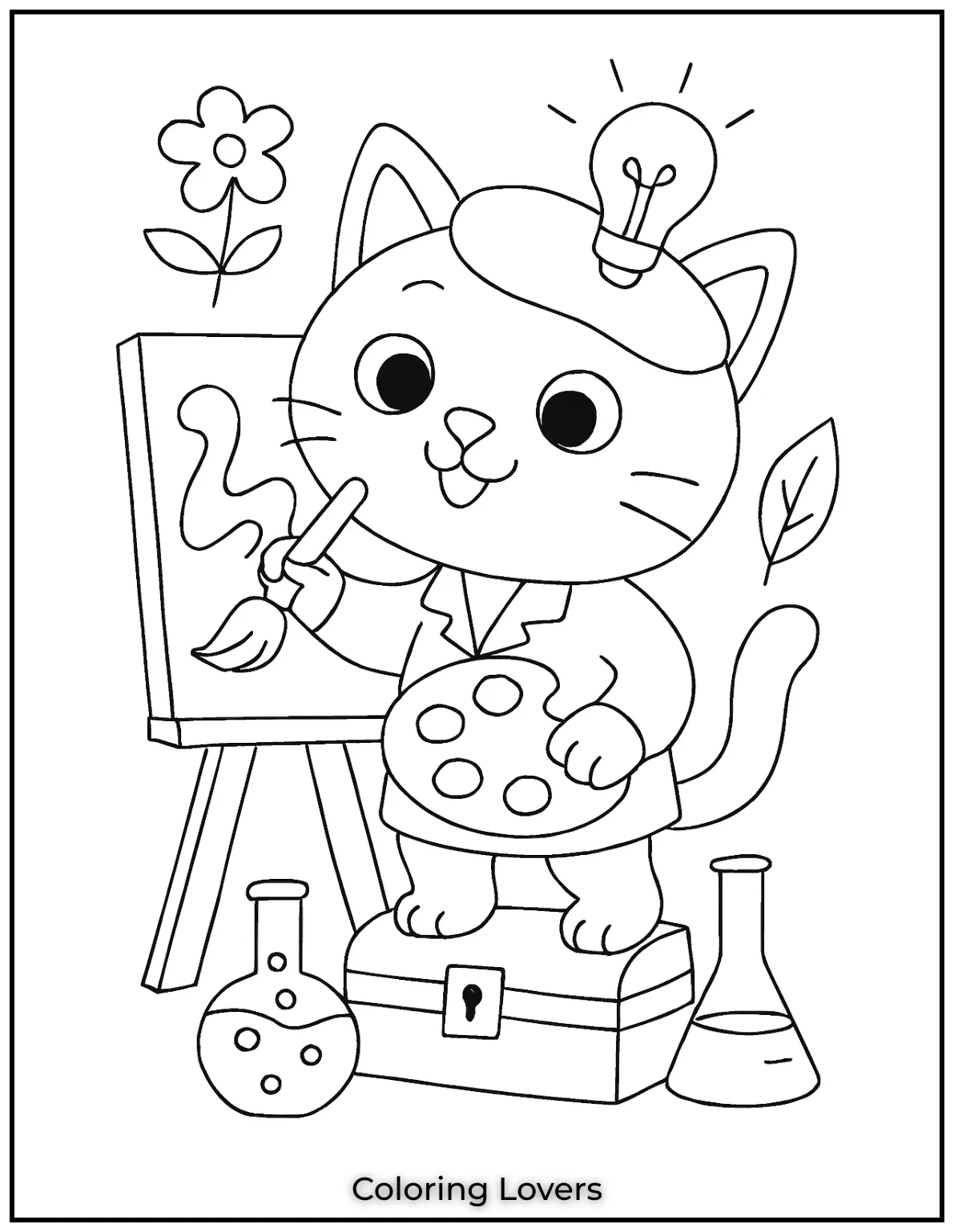 Artist Cat paints boldly on canvas whiskers twitching with inspiration. Creative colors flow endlessly in this imaginative and delightful coloring sheet