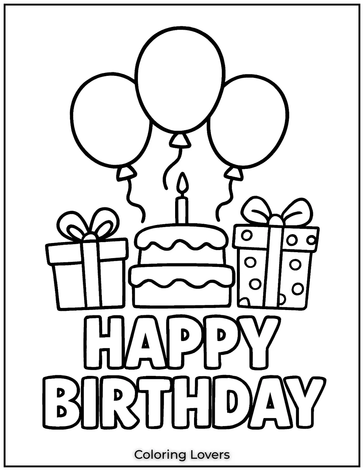 Balloons presents and a birthday cake combine to make this coloring page complete with all the trappings of a happy birthday