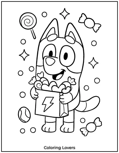 Bluey excited about a bag full of sweets! This is a fun addition to candy coloring pages for kids.