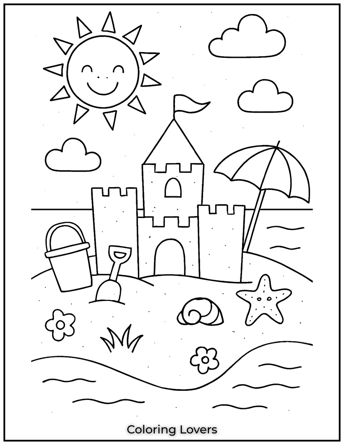 Summer Coloring Pages for Kids and Adults 13 Build your perfect beach day with this charming sand castle scene