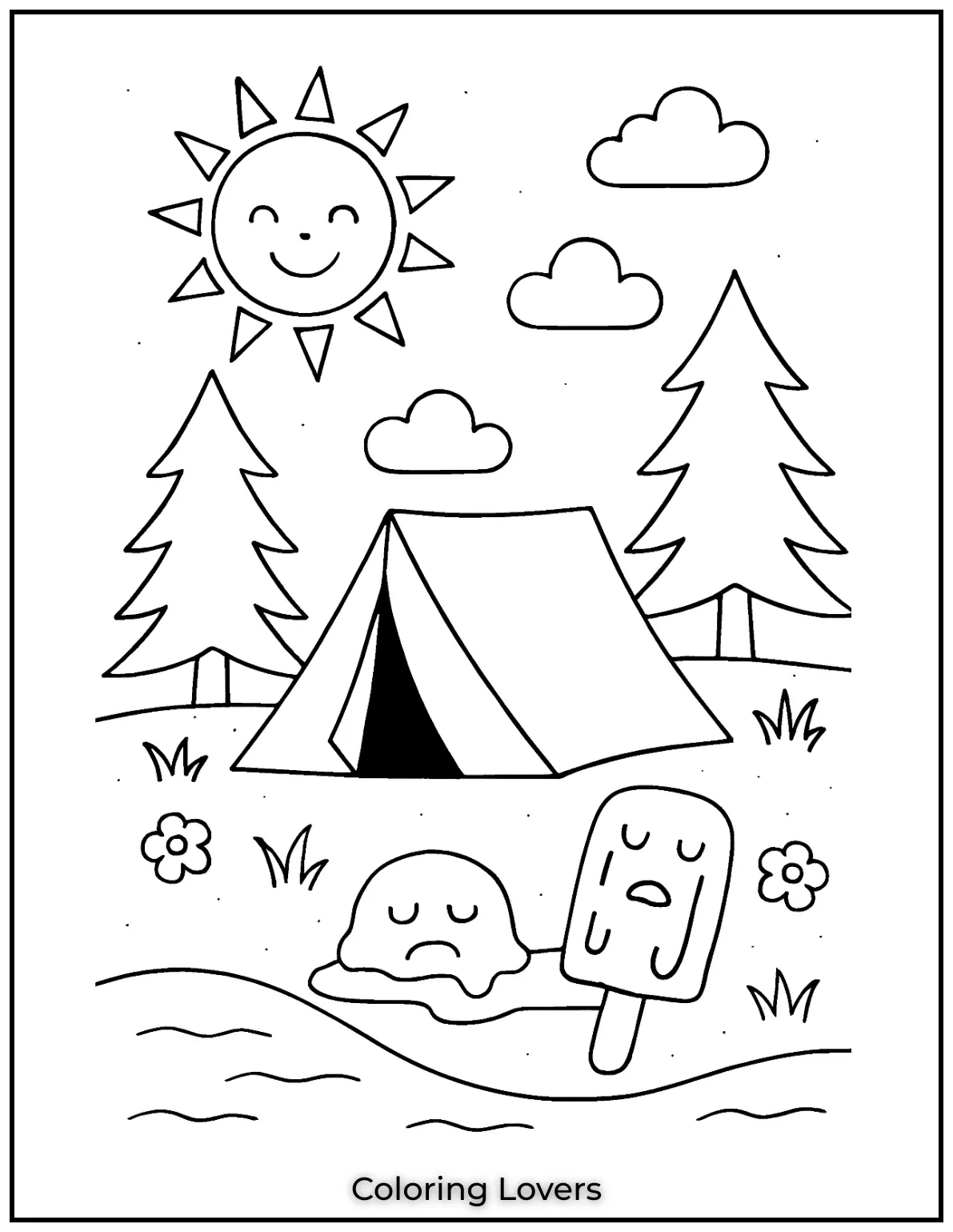 Summer Coloring Pages for Kids and Adults 11 Camp by the water with sunshine trees and a cozy tent