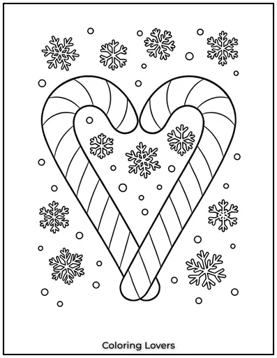 Candy canes form a big, cozy heart, surrounded by delicate snowflakes. 