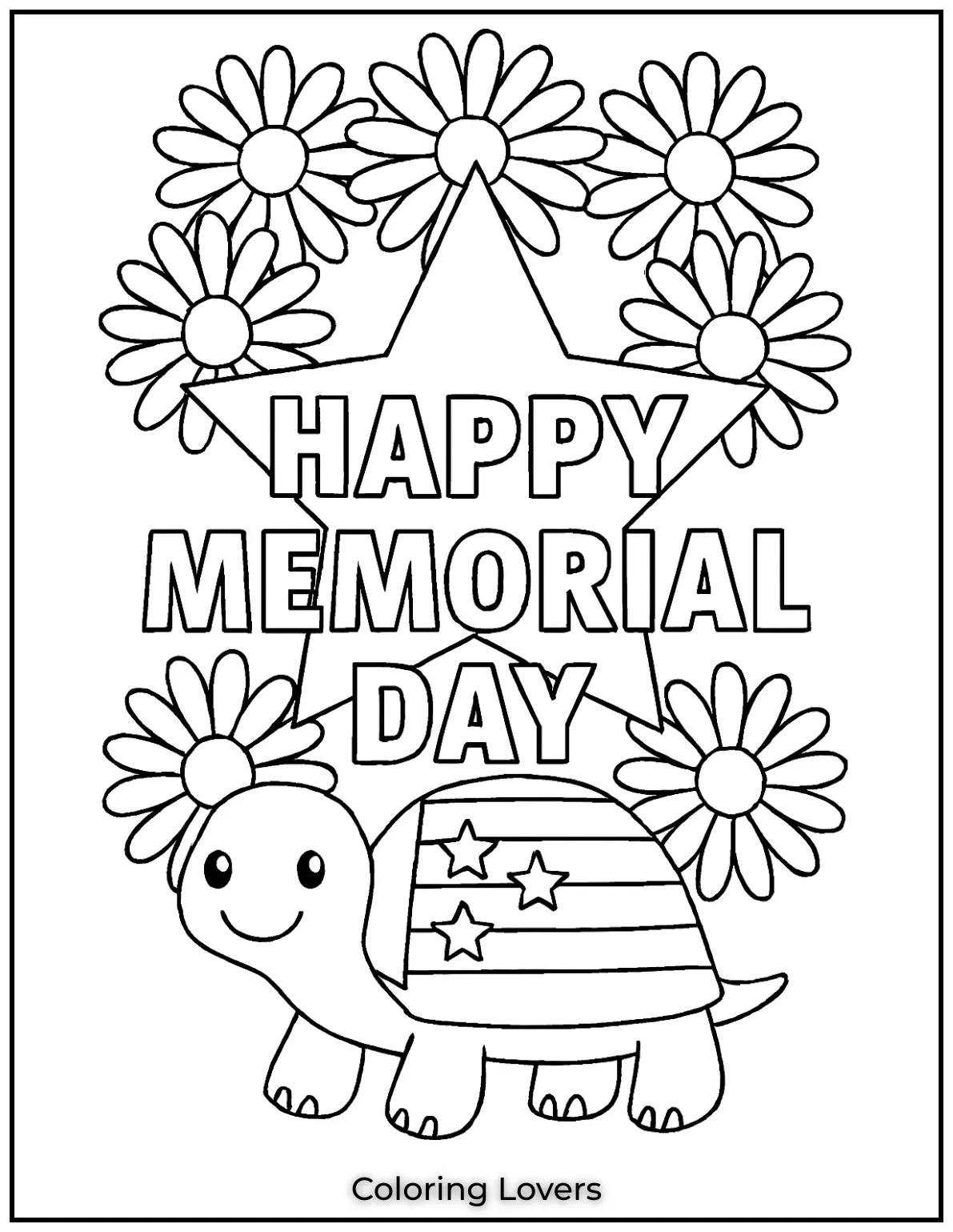 Cheerful daisies frame a big star behind the words Happy Memorial Day. A blooming design for kids