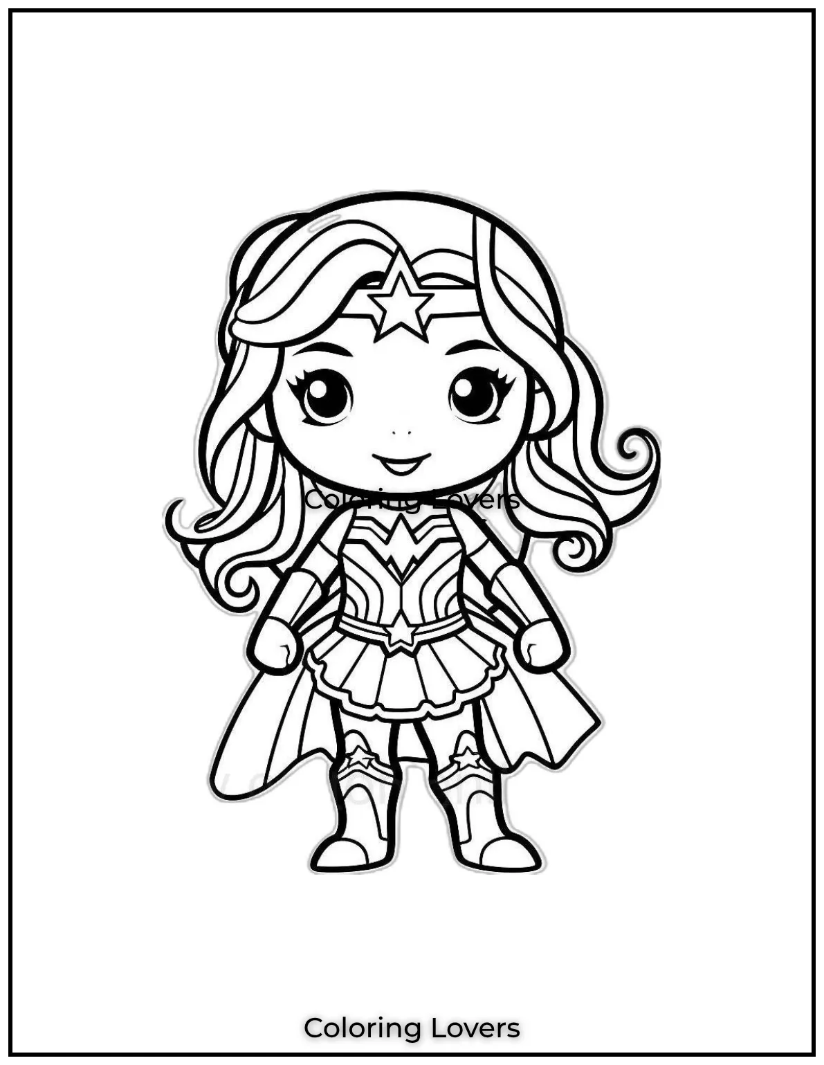 Color this free cute Wonder Woman coloring page featuring our fearless hero with her lasso ready to inspire strength and kindness
