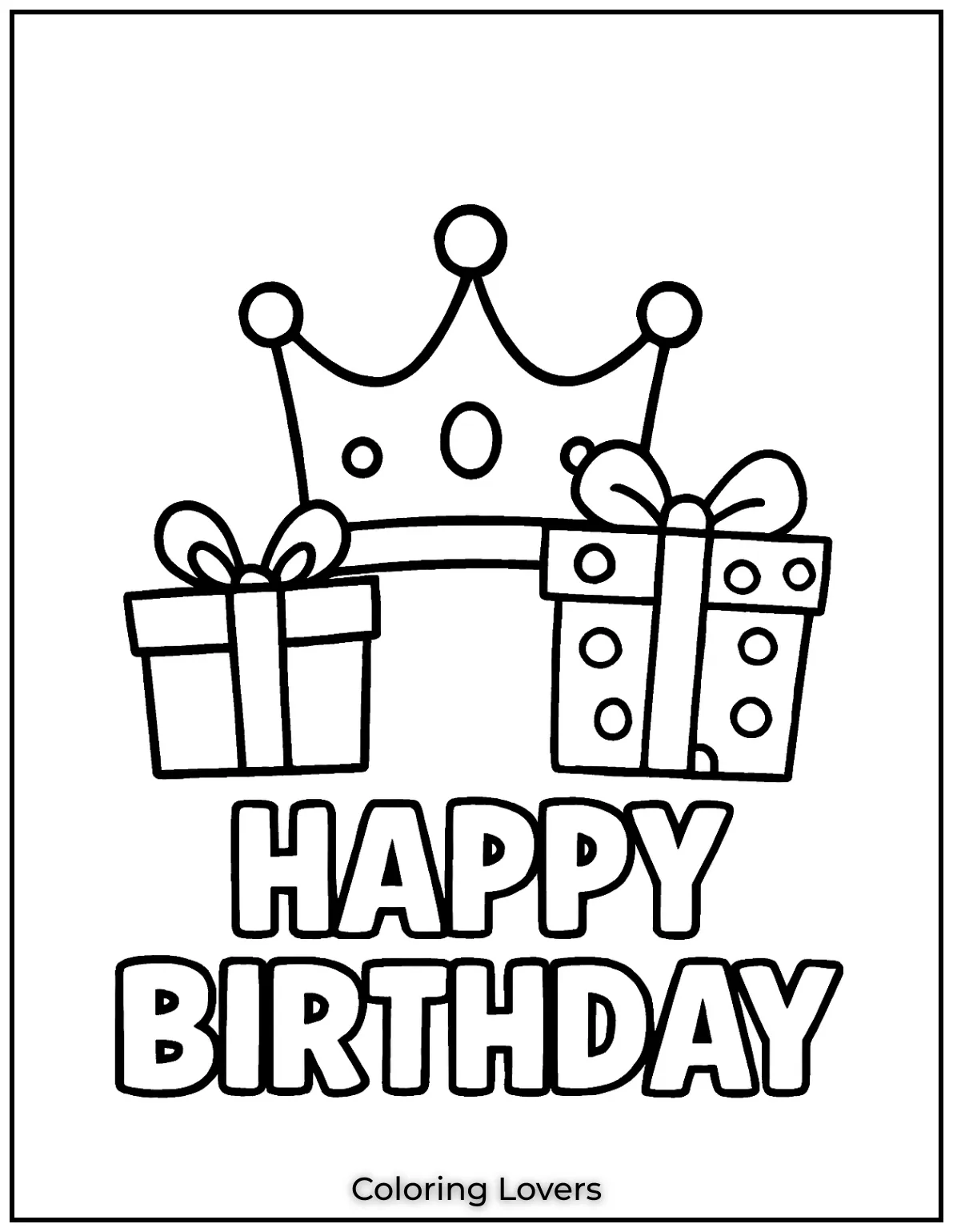 Crown and birthday gifts coloring page perfect to make a happy birthday coloring page even more special