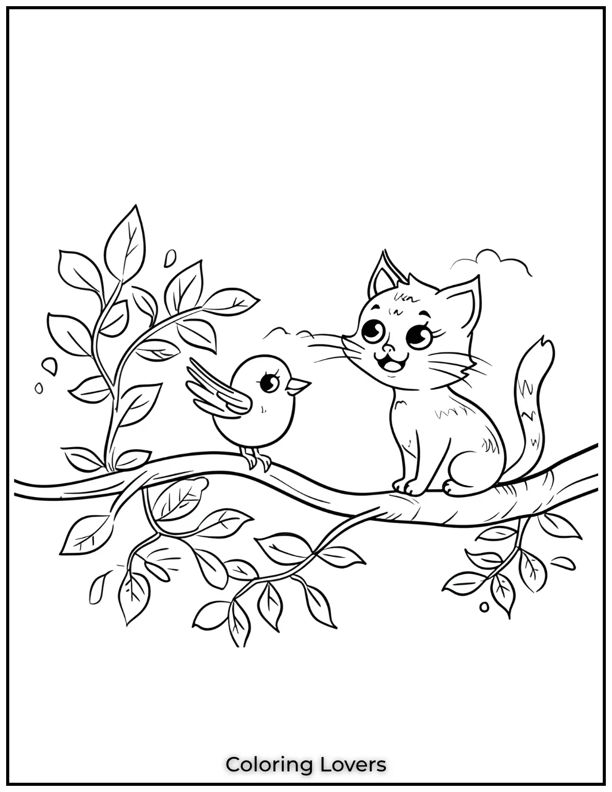 Fun and Free Cat Coloring Pages for Kids and Adults 34 Curiosity meets nature as this cat gazes at a cheerful bird. A beautiful moment to bring to life with colors