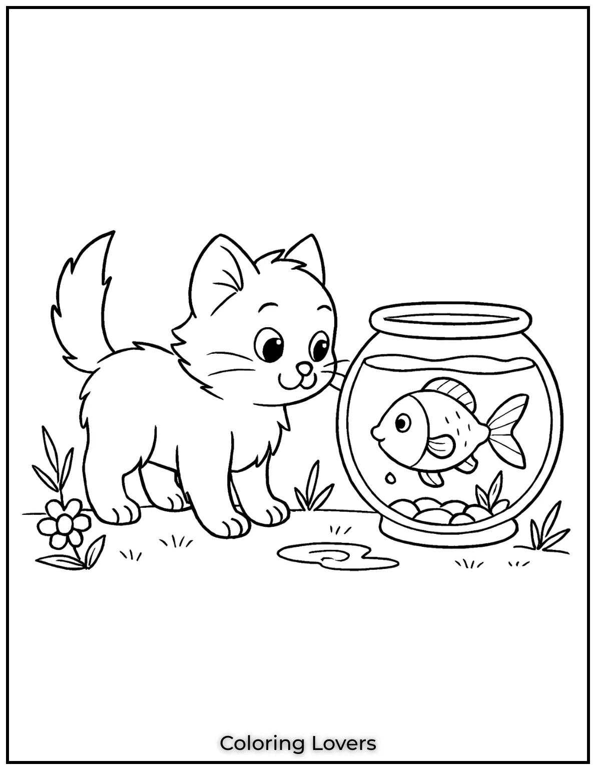 Curious kitten meeting a fish in this fun coloring page
