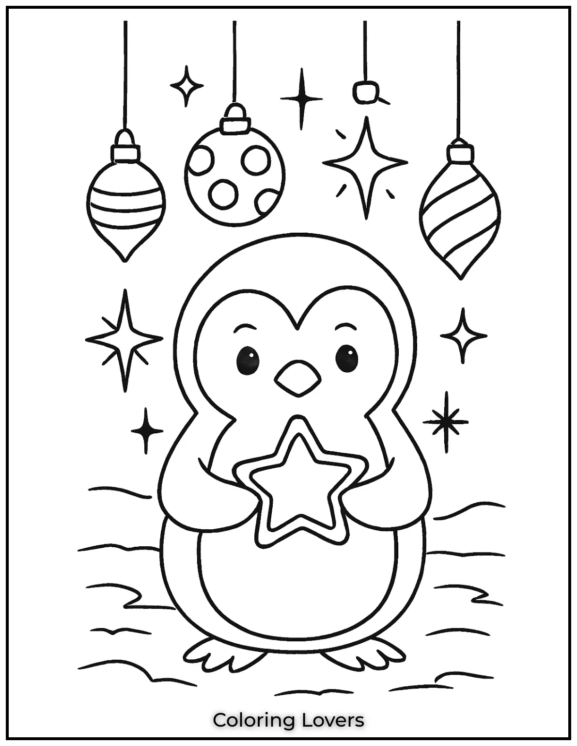 Curious penguin clasps a star cookie under twinkling Christmas ornaments. We invite bold colors to make this treat shine