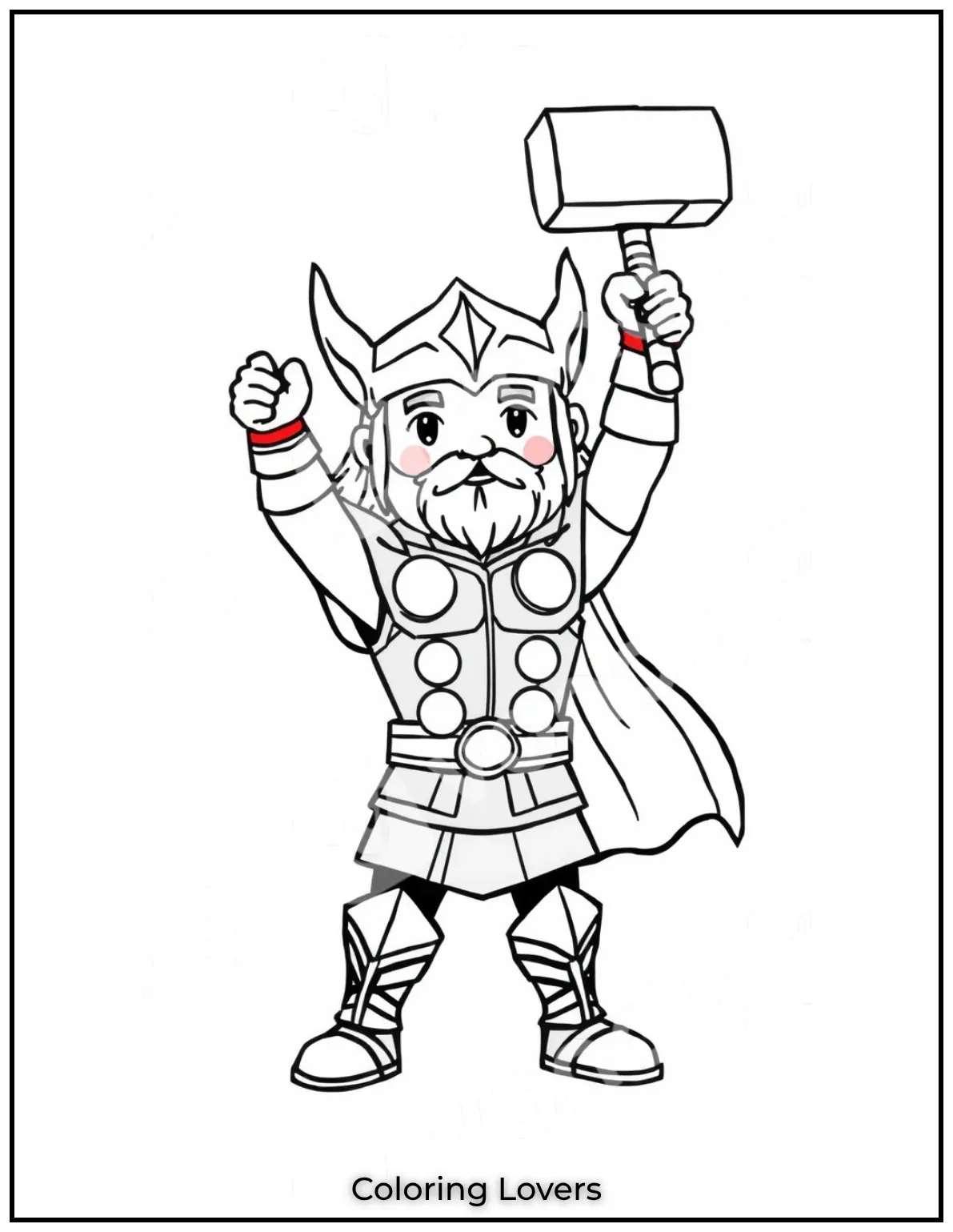 Cute Thor stands tall with his hammer ready for action and adventure. Add your boldest colors to bring him to life