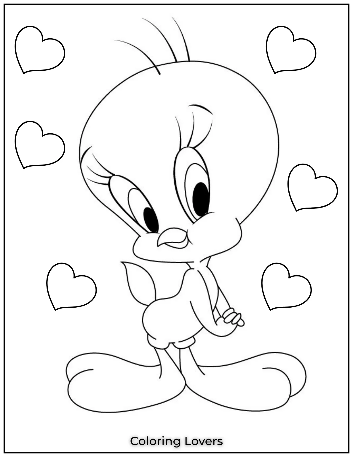 Cute Tweety stands in a field of hearts looking cute and ready to charm anyone who loves coloring fun