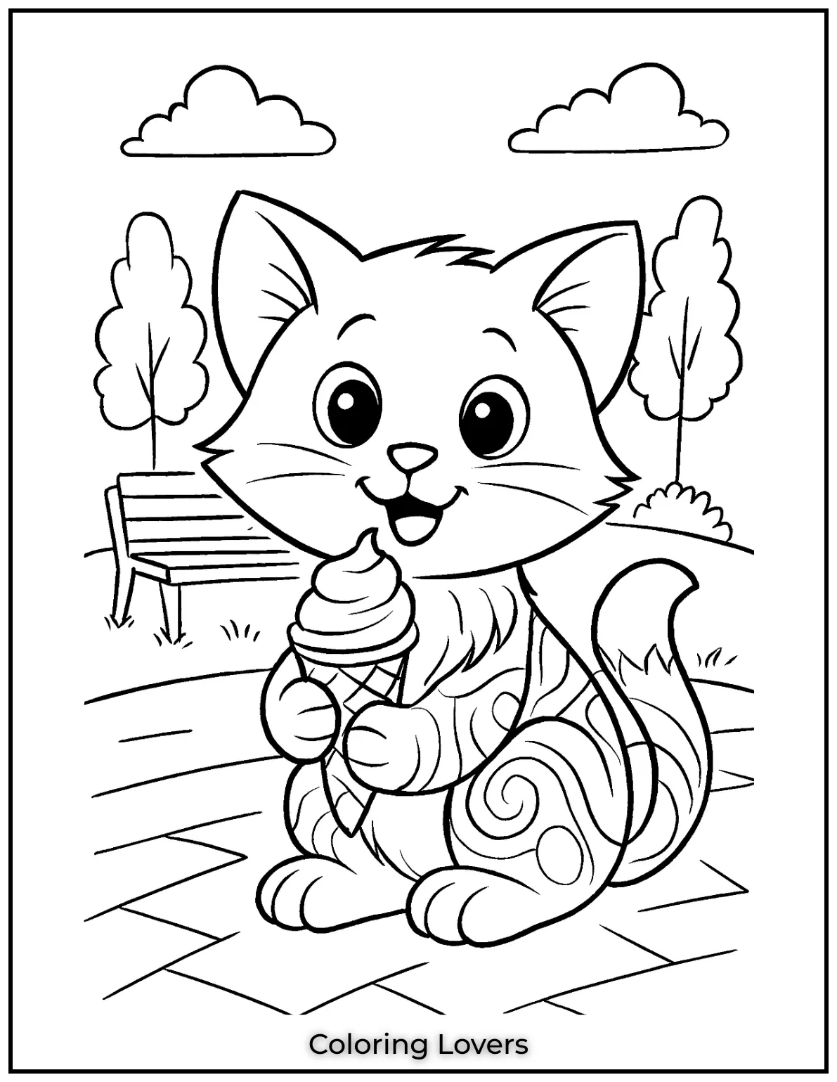 Cute kitten holding ice cream in a park