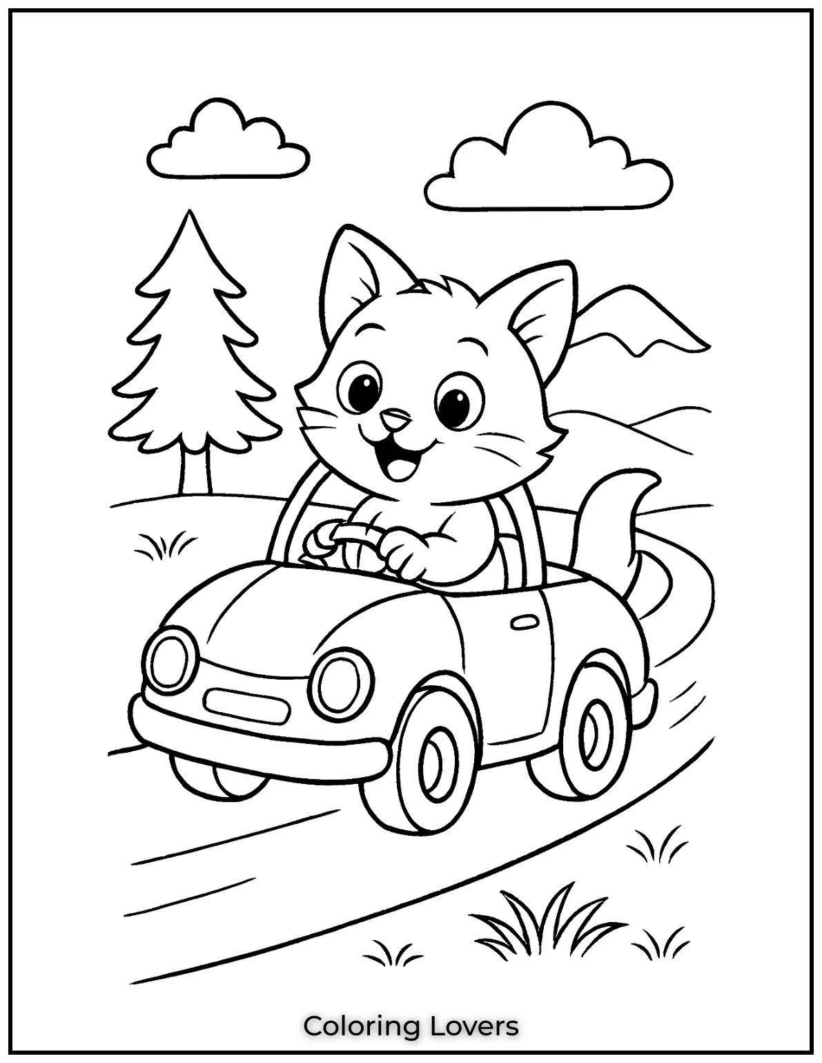 Cute kitten joyfully driving a small car along a scenic road in this fun coloring page