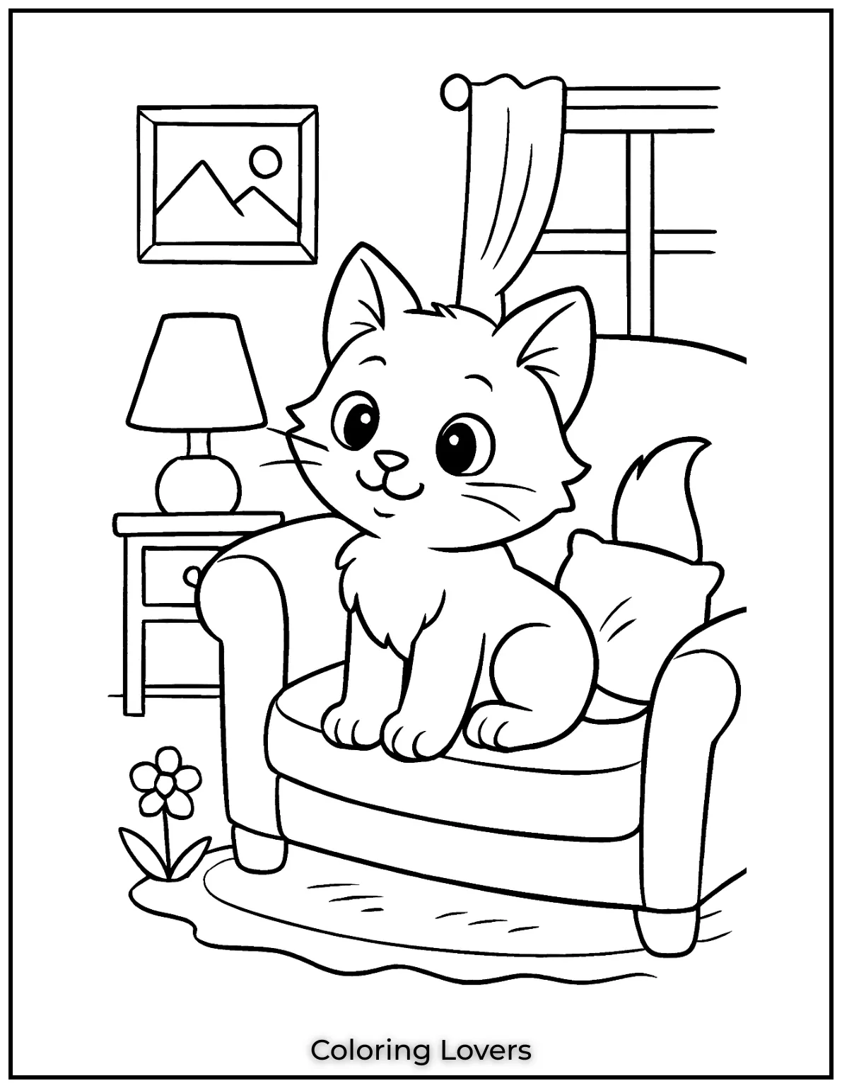 Cute kitten sitting comfortably on a couch in a cozy room