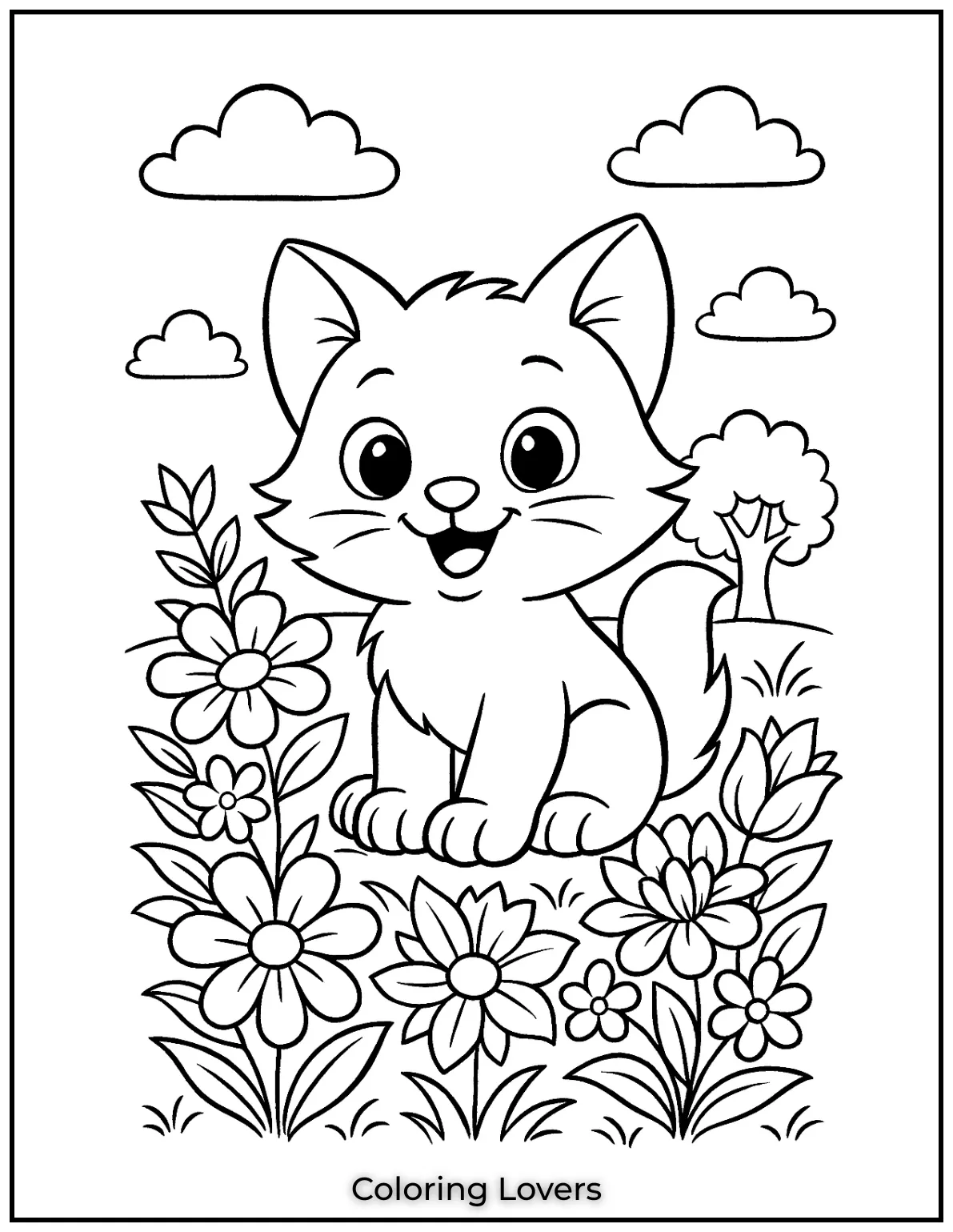 Cute kitten sitting happily among beautiful flowers