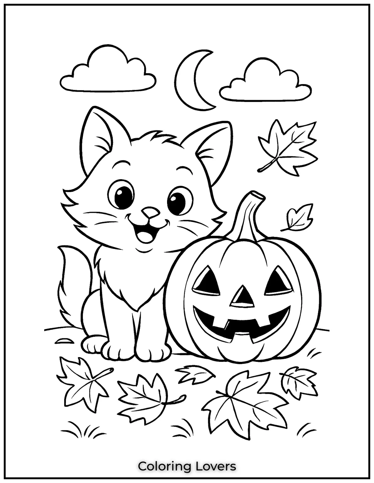 Cute kitten sitting next to a carved pumpkin surrounded by autumn leaves in this Halloween themed coloring page