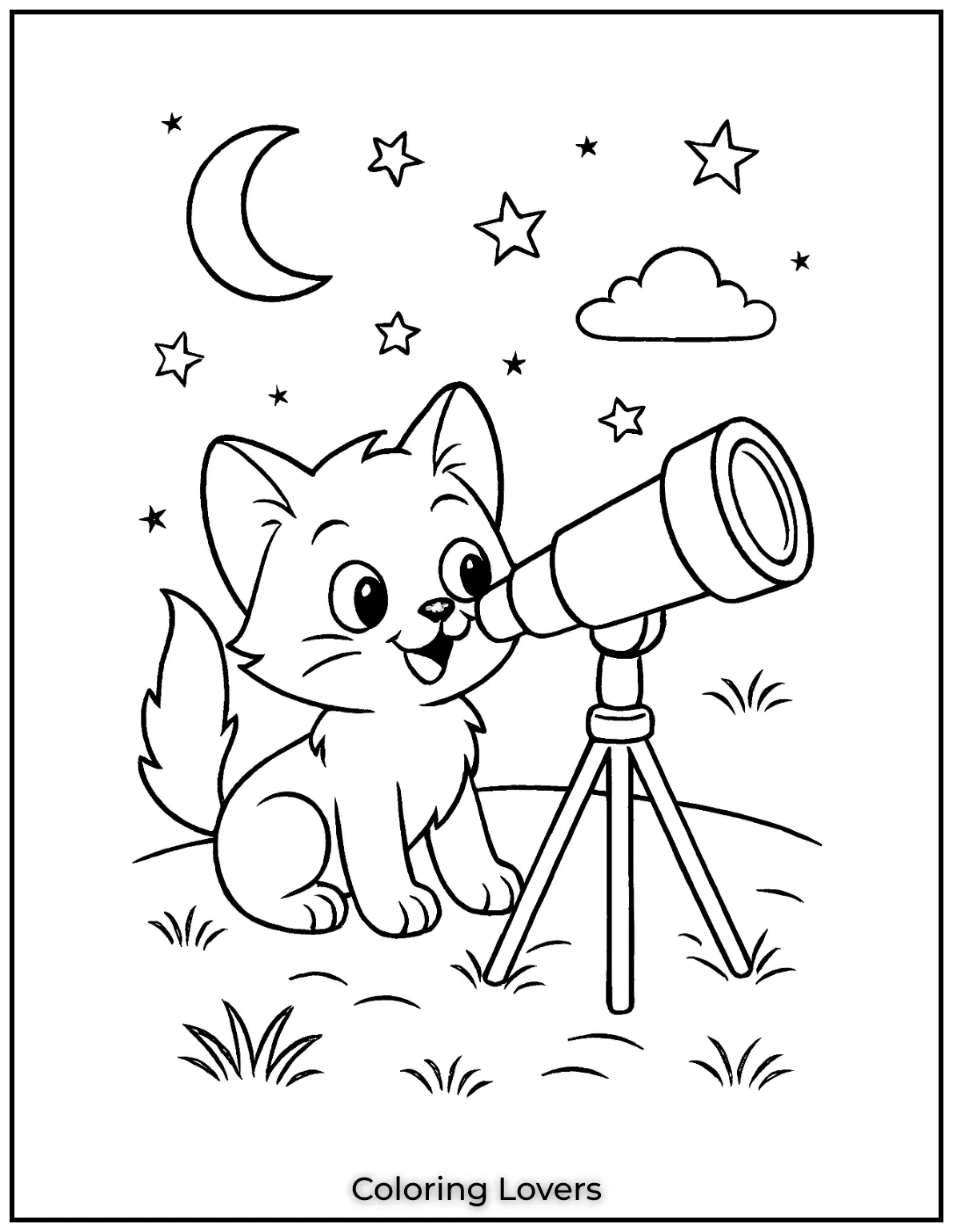 Cute kitten using a telescope to watch stars in the night sky