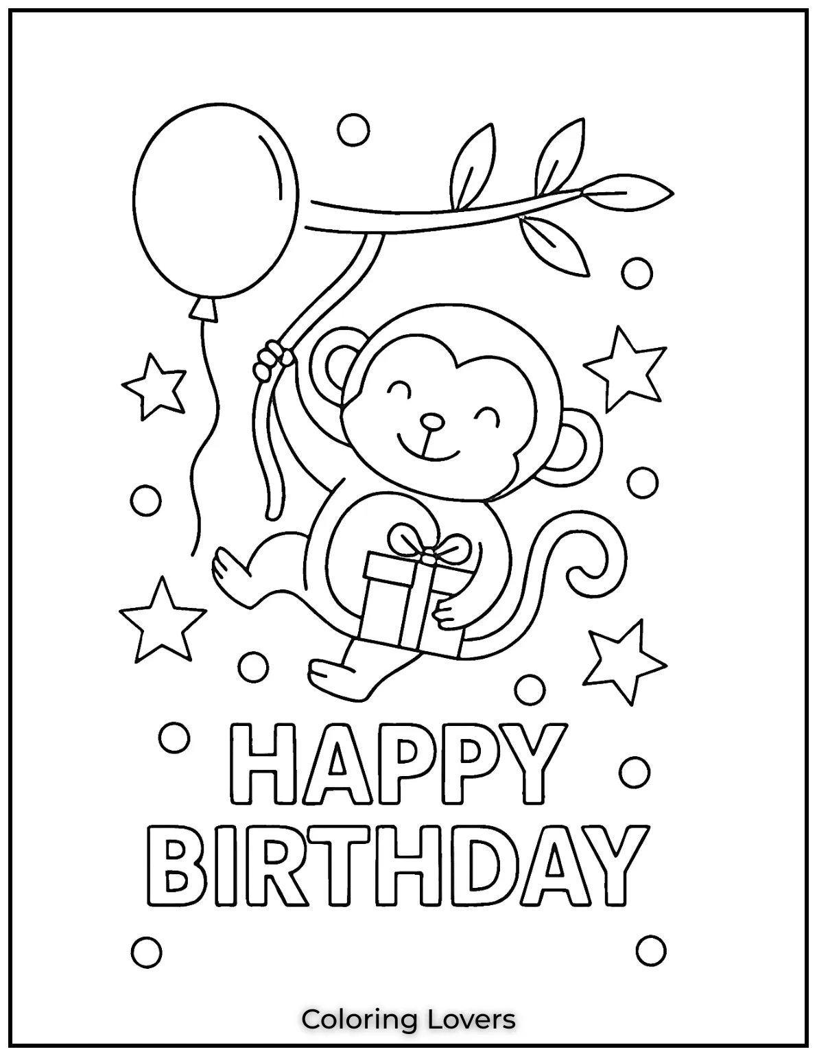 Cute little monkey swinging on a branch and holding a balloon this is one perfect birthday coloring page for little ones