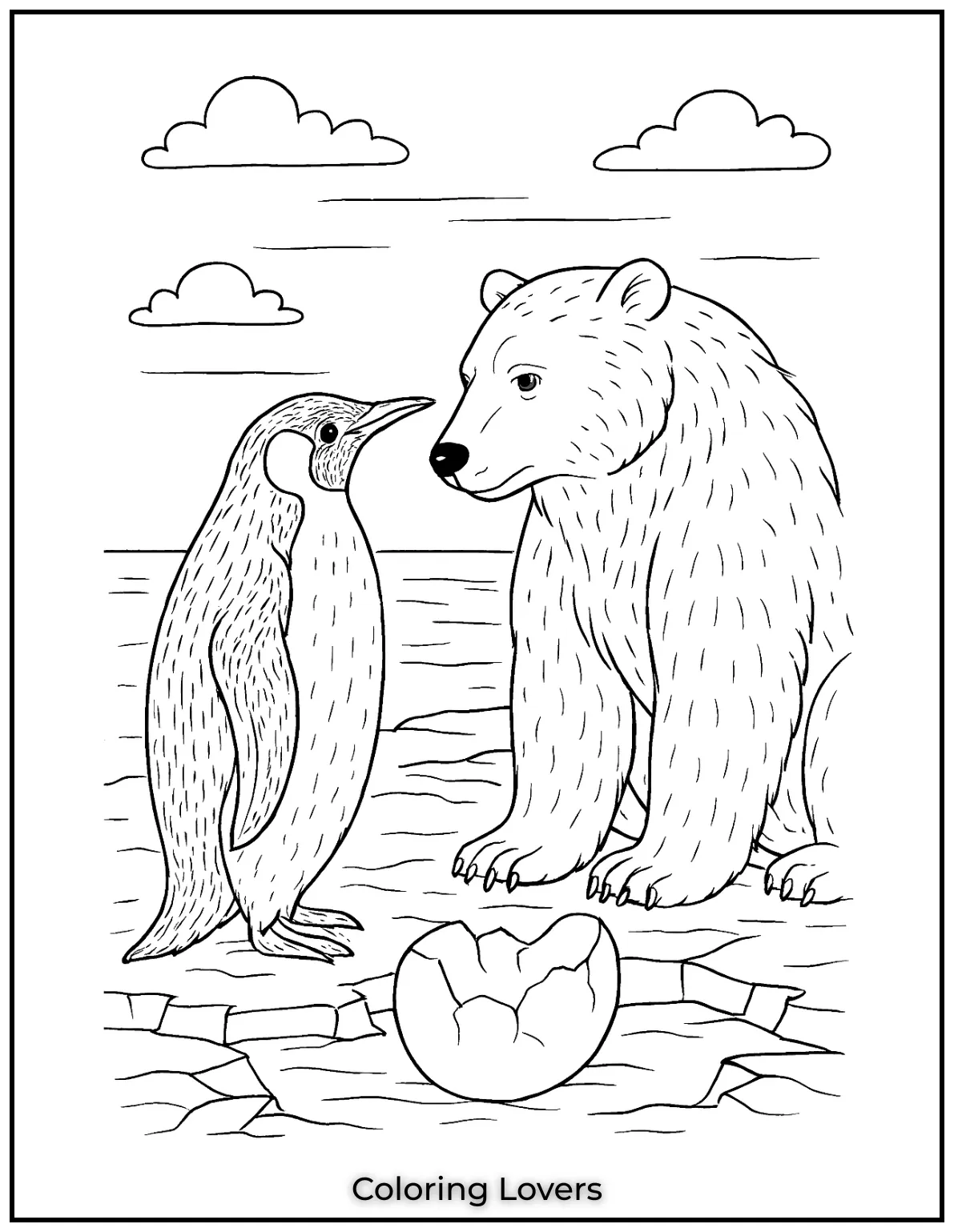 Detailed penguin and polar bear meet atop cracked ice under a pale sky