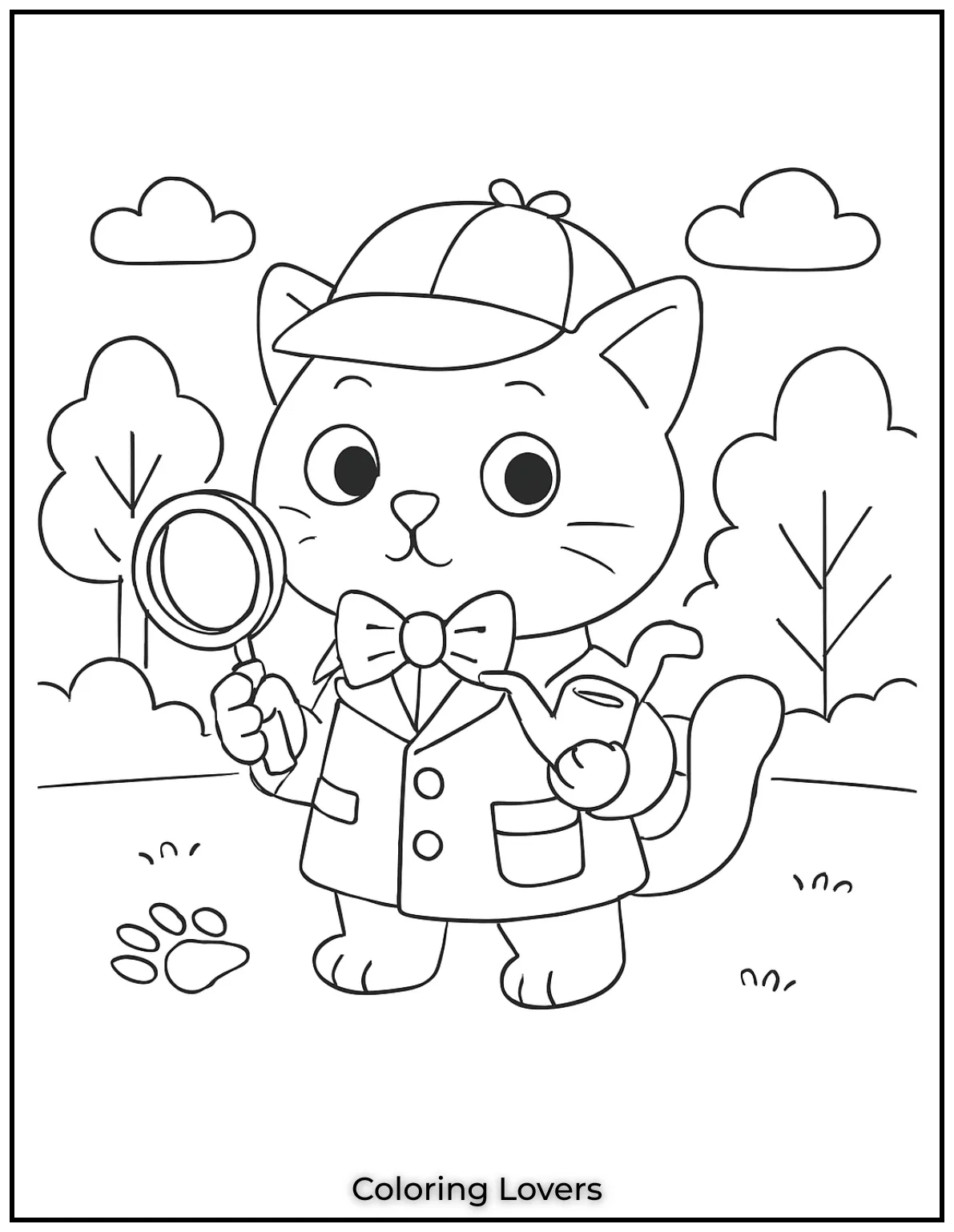 Detective Cat follows tiny paw prints with a magnifying glass uncovering mysteries in shadows. Kids will love this curious coloring sheet