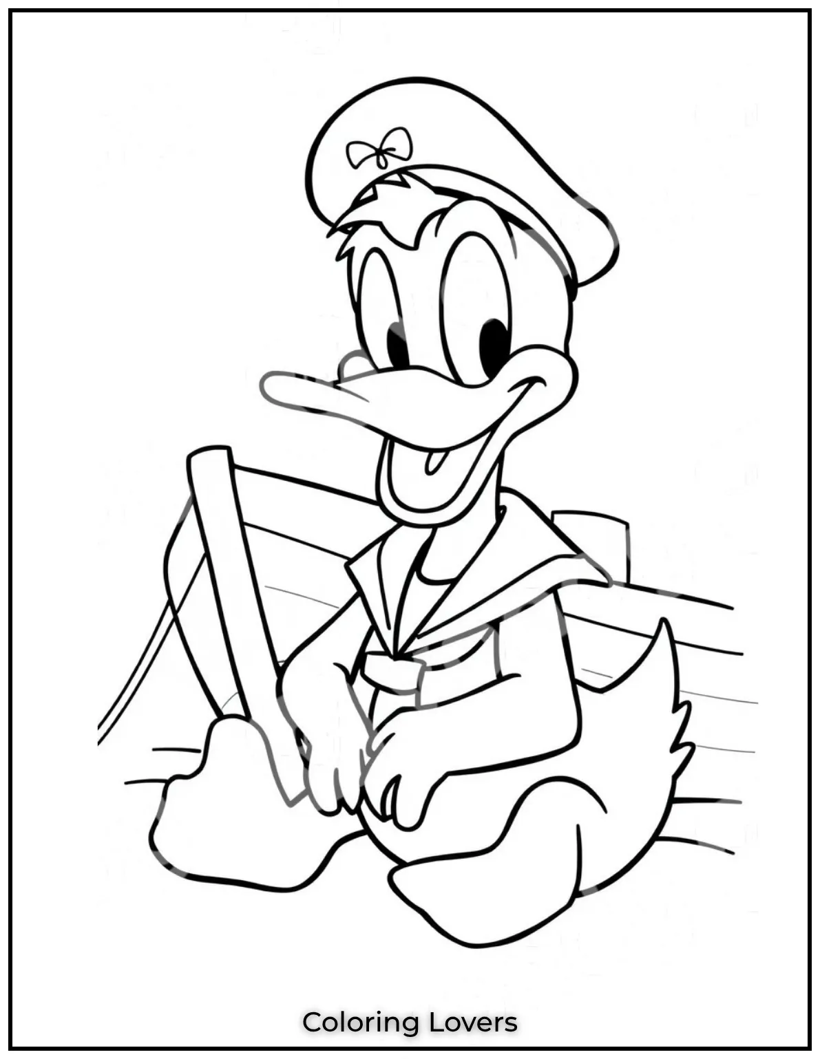Donald Duck sits happily by the boat ready for an adventure with his sailor hat and cheerful smile
