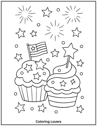 Fireworks burst above cupcakes topped with stars and flags in this tasty tribute. 